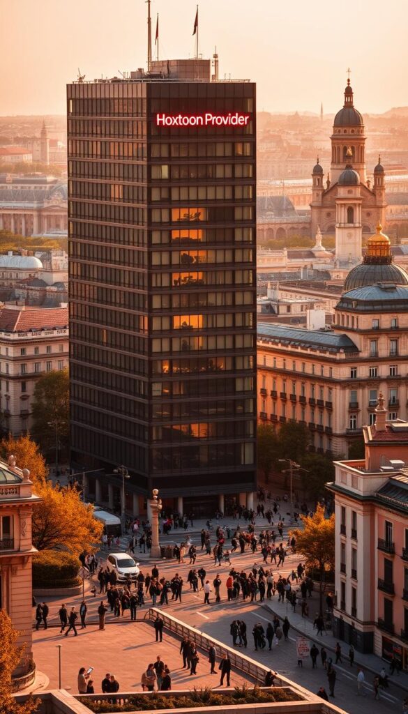 A bustling cityscape of Madrid, Spain, bathed in a warm, golden light. In the foreground, a modern high-rise office building prominently displays the neon sign "Hoxtoon Provider", a leading IPTV service in the region. Surrounding the building, people go about their daily lives, some carrying tablets or smartphones, hinting at the widespread adoption of IPTV technology. In the middle ground, a network of cables and satellite dishes on rooftops symbolize the infrastructure supporting these digital entertainment services. The background features the iconic landmarks of the city, such as the Palacio Real and the Almudena Cathedral, creating a harmonious blend of the traditional and the modern.