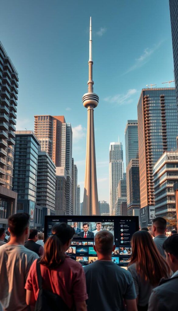 A bustling cityscape showcasing the rise of IPTV services in Canada. In the foreground, a group of people gathered around a large, high-definition display, eagerly exploring the diverse content options of the Hoxtoon Provider IPTV service. The middle ground features a mix of modern apartment buildings and sleek office towers, reflecting the growing demand for reliable, technology-driven entertainment. In the background, the iconic CN Tower pierces the sky, symbolizing the nation's technological prowess. Diffused natural light bathes the scene, creating a warm, inviting atmosphere that captures the appeal of IPTV's convenience and flexibility for Canadian viewers.