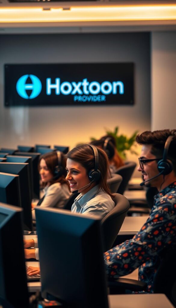 A bustling customer support center, with Hoxtoon Provider's logo prominently displayed on the wall. In the foreground, a team of friendly, attentive agents are engaged in lively conversations, their headsets and computer screens illuminating their focused expressions. The middle ground features a modern, open-plan office layout, complete with ergonomic chairs and desks, creating an atmosphere of efficiency and professionalism. The background is softly lit, with warm, ambient lighting that casts a welcoming glow, hinting at the Hoxtoon Provider's commitment to providing exceptional lifetime IPTV services. The overall scene conveys a sense of reliability, responsiveness, and a customer-centric approach.