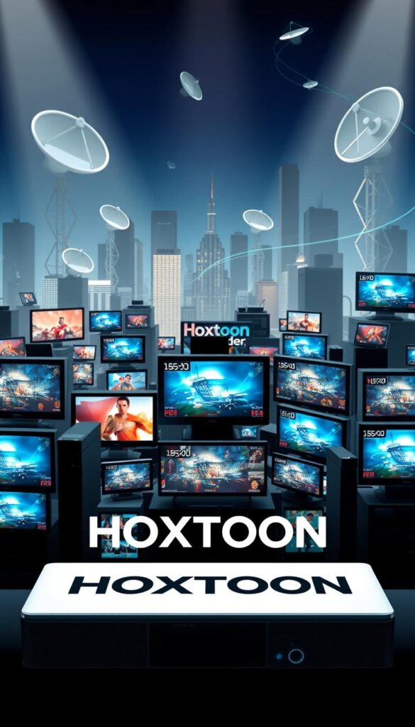 A bustling global network of IPTV streaming, showcasing the Hoxtoon Provider brand prominently in the foreground. In the middle ground, a diverse array of digital devices displaying various content, reflecting the worldwide accessibility of IPTV. The background depicts a stylized, futuristic cityscape with skyscrapers and satellite dishes, hinting at the technological infrastructure that enables this worldwide IPTV ecosystem. The lighting is sharp and directional, casting dramatic shadows and highlights to convey a sense of modernity and innovation. The overall mood is one of dynamism, connectivity, and the seamless integration of digital entertainment across the globe.