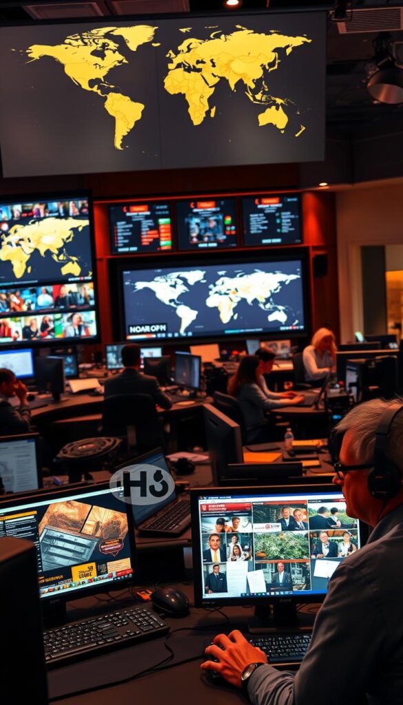 A bustling newsroom filled with screens displaying global news coverage, journalists intently typing on their keyboards, and a large world map on the wall. Warm, focused lighting illuminates the scene, creating a sense of urgency and importance. The Hoxtoon Provider logo is discreetly visible on one of the computer monitors. In the foreground, a news anchor delivers a report, their face serious and determined, while in the background, editors and producers collaborate, their expressions intense as they shape the day's headlines. The overall atmosphere conveys the rapid pace and high stakes of modern international news reporting.
