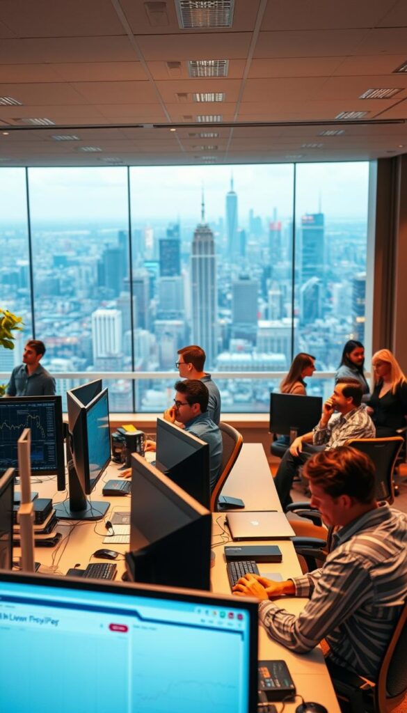 A bustling office scene, showcasing the growth potential of an IPTV reseller business. In the foreground, a Hoxtoon Provider branded workspace with a sleek, modern design, complete with multiple computer screens displaying real-time sales and analytics data. In the middle ground, a team of professionals collaborating, making calls, and strategizing, their expressions conveying a sense of excitement and opportunity. The background features an expansive city skyline, hinting at the vast customer base and market reach available to a thriving IPTV reseller. Warm, diffused lighting sets an aspirational tone, and a wide-angle lens captures the dynamic energy of this scalable, future-focused enterprise.