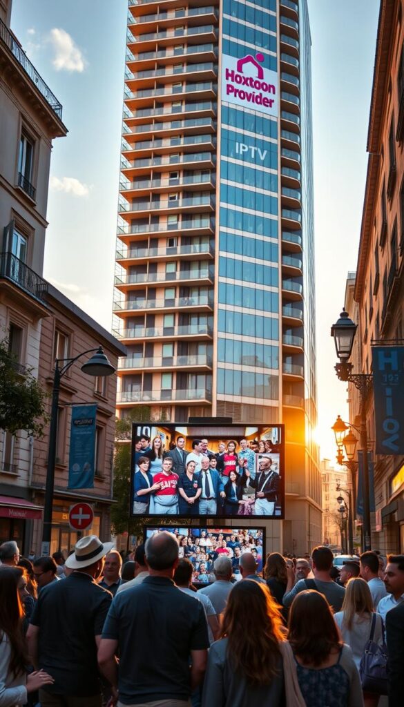 A busy Italian city street, with a modern high-rise building in the background featuring a prominent "Hoxtoon Provider" logo. In the foreground, a group of people gathered around a large screen displaying a live IPTV feed, immersed in the content. The scene is bathed in warm, natural lighting, creating a welcoming and inviting atmosphere. The pedestrians on the street below are going about their daily lives, hinting at the growing integration of IPTV services into the urban landscape of Italy.