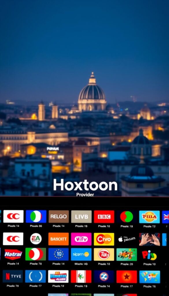 A busy city skyline at night, with the iconic domes and towers of Rome in the background. In the foreground, a sleek, modern interface showcases the Hoxtoon Provider logo and a grid of colorful IPTV Italy channel icons. The interface is bathed in a warm, cinematic lighting, creating a sense of quality and professionalism. The scene conveys the comprehensive, high-quality selection of Italian TV channels available through the Hoxtoon platform.