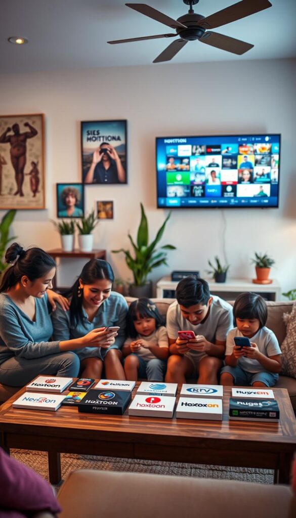 A busy, dynamic scene showcasing a Latino family comparing IPTV service providers. In the foreground, a young mother and father sit on a couch, intently examining their smartphone screens, surrounded by their two children. On the coffee table, various IPTV service provider logos are displayed, including the "Hoxtoon Provider" brand. The middle ground features a large flat-screen TV mounted on the wall, playing a variety of multicultural programming. The background depicts a vibrant, culturally rich living room, with Latin-inspired artwork, potted plants, and warm lighting, conveying a sense of domestic comfort and entertainment. The overall mood is one of engaged deliberation, as the family weighs their IPTV options to find the best fit for their needs.