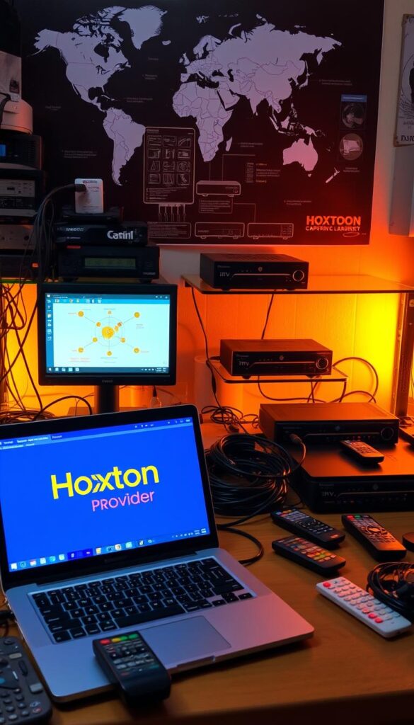 A busy technician's workstation, illuminated by warm lighting, showcases an array of devices and cables. In the foreground, a laptop screen displays diagnostic software, with the "Hoxtoon Provider" logo prominently featured. Surrounding the laptop are various remote controls, network routers, and IPTV set-top boxes, all arranged in a visually appealing and organized manner. The middle ground depicts a network diagram, highlighting the interconnected components of an IPTV system. In the background, a world map emphasizes the global nature of IPTV services, with the Arabic-speaking regions highlighted. The overall atmosphere conveys a sense of technical expertise and troubleshooting, supporting the article's focus on resolving common IPTV issues.