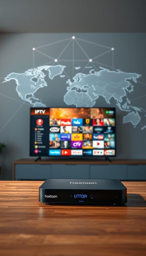 A cinematic scene of the evolution of Portuguese television access worldwide. In the foreground, a sleek, modern IPTV device with the Hoxtoon Provider branding prominently displayed. The device is situated on a minimalist wooden table, casting a soft, ambient glow. In the middle ground, a large, high-definition television screen showcases a vibrant array of Portuguese channels, representing the diverse content available through the IPTV service. The background features a stylized, geometric representation of the global reach of Portuguese television, with lines and shapes connecting various regions and continents, symbolizing the worldwide accessibility of Portuguese programming.