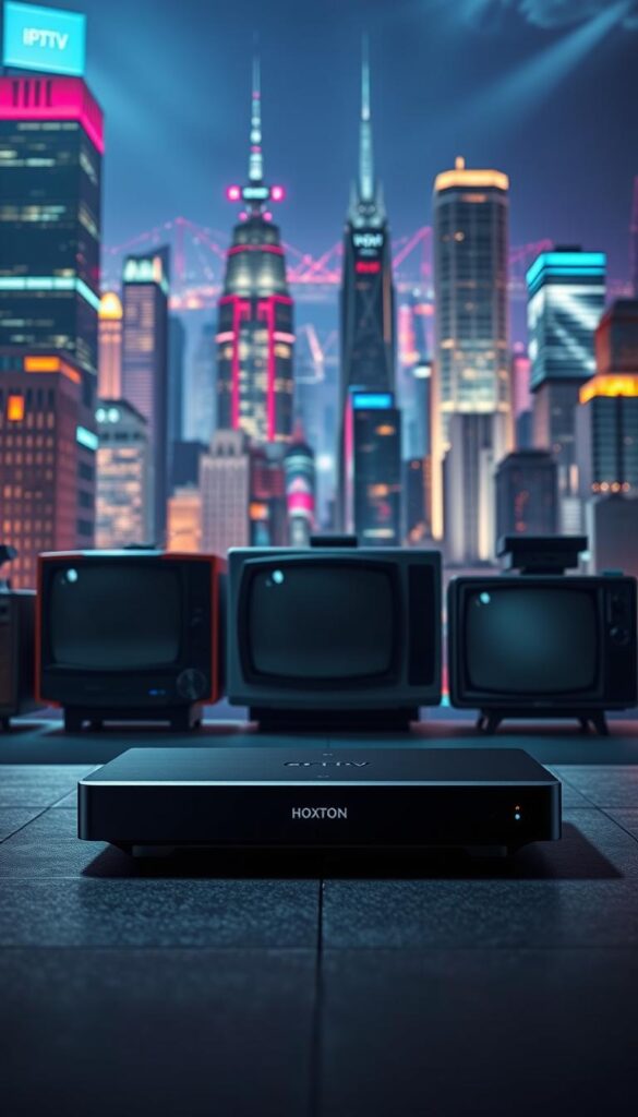 A cinematic scene showcasing the evolution of IPTV. In the foreground, a sleek, minimalist Hoxtoon Provider device sits prominently, its elegant design symbolizing the cutting-edge technology of modern IPTV. Behind it, a series of vintage television sets gradually transforms, from the hulking, boxy models of the past to the thin, high-definition screens of the present, representing the progression of television technology. In the background, a vibrant cityscape pulses with the energy of a digital world, neon lights and skyscrapers creating an immersive, futuristic atmosphere. Dramatic lighting casts dramatic shadows, evoking a sense of innovation and progress. The overall composition conveys the rapid evolution of IPTV, from its humble beginnings to its current status as a revolutionary entertainment platform.