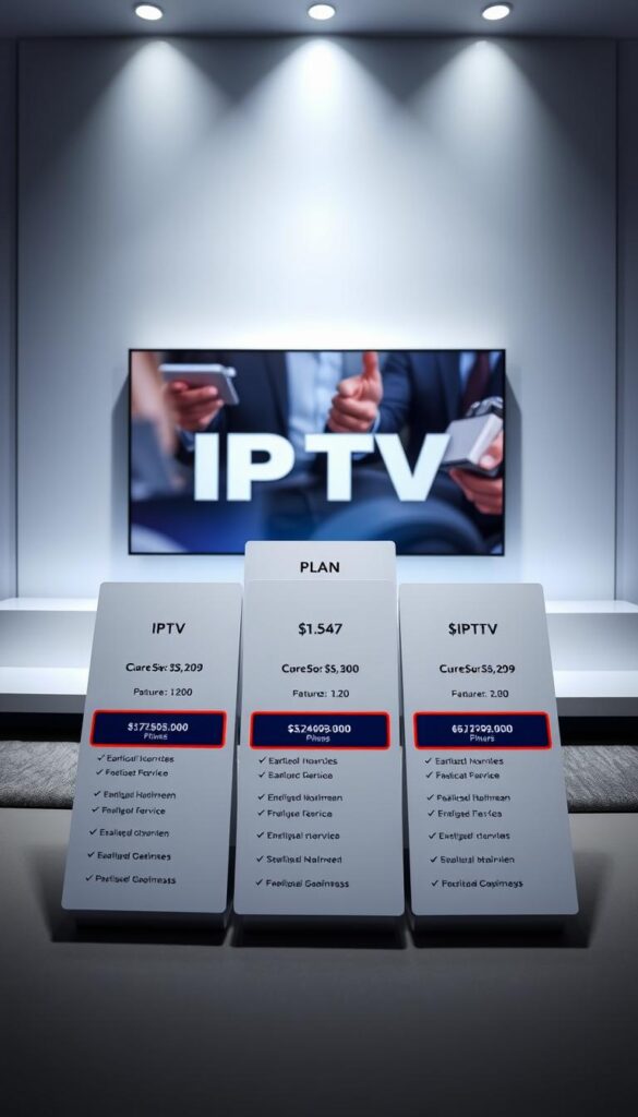 A clean, modern layout depicting the Hoxtoon Provider's IPTV pricing plans. In the foreground, neatly arranged plan cards showcase the different subscription tiers, each with clear pricing, features, and duration. The middle ground features a large hero image showcasing the IPTV service, with a subtle gradient background. The background has a minimal, sleek design with clean lines and a cool color palette to create a professional, premium feel. Lighting is soft and directional, emphasizing the plan details. The overall composition is balanced, drawing the viewer's attention to the key pricing information.