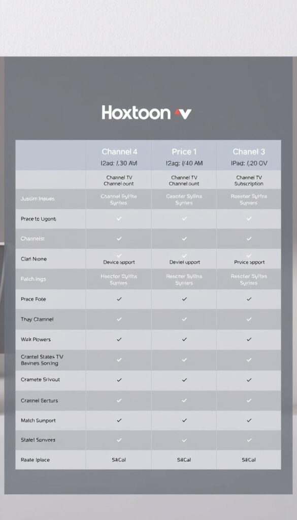 A clean, well-organized comparison table showcasing Hoxtoon Provider's IPTV subscription plans. The table is displayed against a soft, muted background, perhaps a subtle texture or gradient. Each plan is presented with clear, concise details such as channel count, device support, pricing, and any special features. The Hoxtoon Provider logo is prominently displayed, adding a sense of branding and professionalism. The overall aesthetic is modern, minimalist, and easy to comprehend, allowing the viewer to quickly grasp the key differences between the available plans.