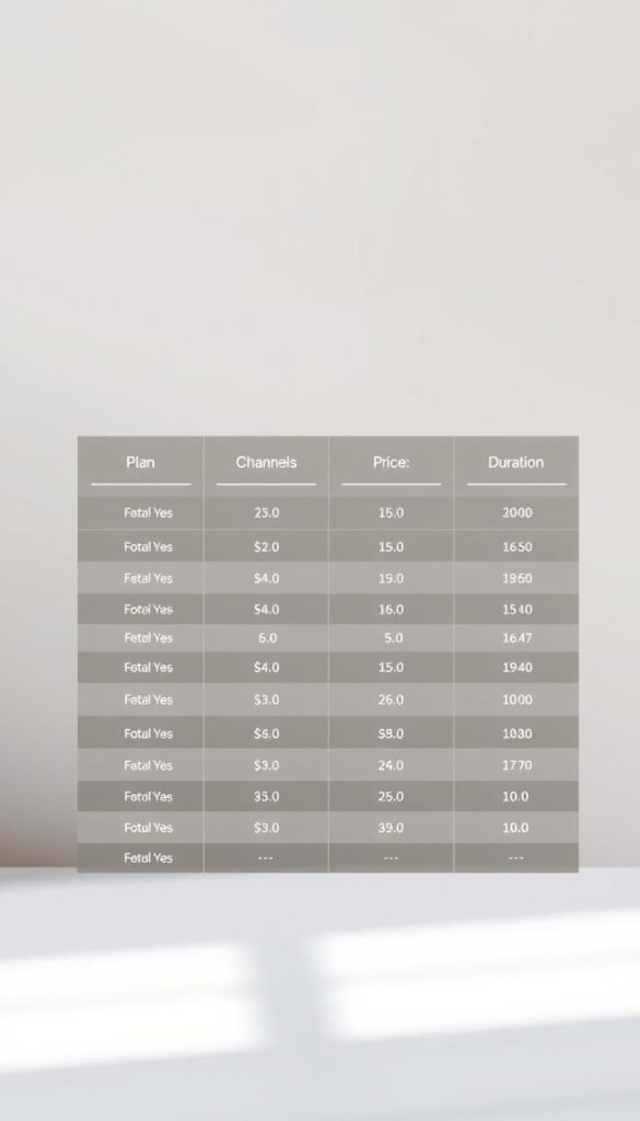 A clean, well-organized table displaying the Hoxtoon Provider's IPTV pricing plans in a minimalist, elegant design. The table is set against a soft, blurred background, creating a sense of focus on the pricing information. The table features four clear columns: Plan Name, Channels, Price, and Duration, with each row showcasing a different IPTV subscription option. The plans are arranged from most basic to most comprehensive, allowing the viewer to easily compare and contrast the offerings. The overall tone is professional, informative, and visually appealing, reflecting the high-quality service of the Hoxtoon Provider brand.