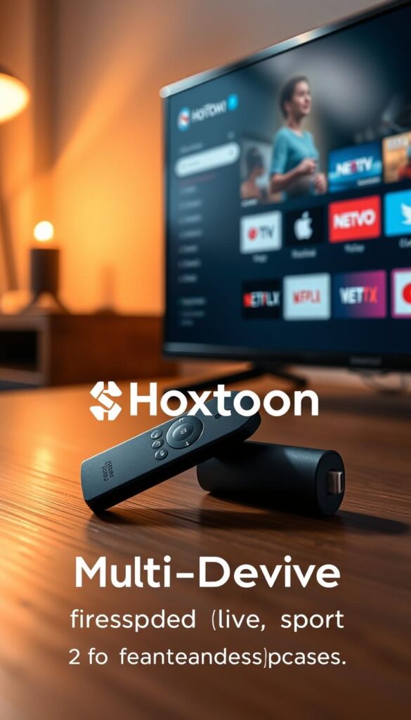 A close-up shot of a Firestick device on a wooden table, with a sleek, modern Hoxtoon Provider interface displayed on the screen. The Firestick is positioned at an angle, casting a subtle shadow on the table. The scene is illuminated by a warm, ambient light, creating a cozy and inviting atmosphere. The Hoxtoon Provider logo is prominently featured, showcasing the device's multi-device support capabilities. The image conveys the ease and convenience of using IPTV services on a Firestick for live channels and sports.