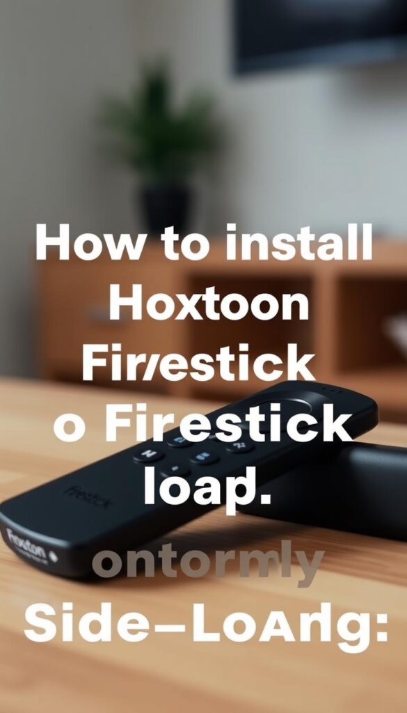 A close-up shot of a Firestick remote control with the Hoxtoon Provider app prominently displayed on the screen. The remote is positioned on a wooden surface, with a minimalist and clean background that emphasizes the app interface. The lighting is soft and diffused, creating a warm and inviting atmosphere. The camera angle is slightly elevated, giving a sense of a step-by-step guide for the installation process. The image conveys a sense of simplicity and ease of use for installing the Hoxtoon Provider app on a Firestick without the need for side-loading.