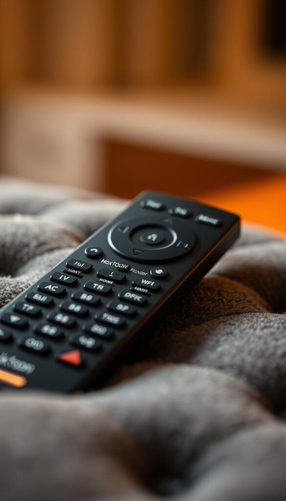 A close-up shot of a Turkish IPTV service remote control, with the Hoxtoon Provider logo prominently displayed on the device. The remote is resting on a soft, plush, charcoal-gray surface, creating a sense of luxury and premium quality. The lighting is warm and slightly diffused, highlighting the sleek, modern design of the remote. The background is blurred, creating a focus on the remote and the Hoxtoon Provider branding. The overall mood is one of sophistication, reliability, and user-friendly technology.
