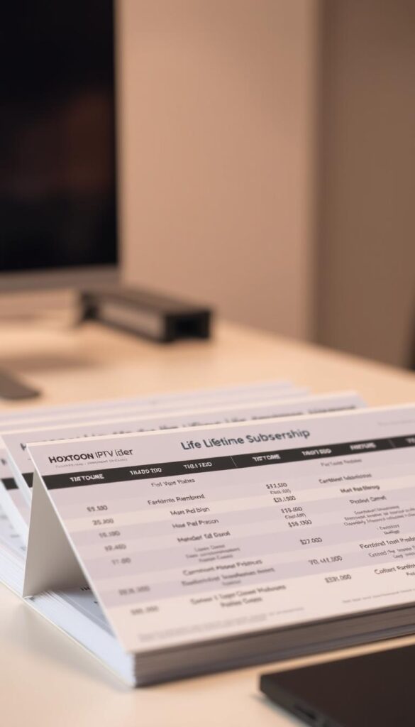 A close-up shot of a desk displaying neatly arranged IPTV subscription plans from the Hoxtoon Provider, showcasing their lifetime membership options. The plans are presented on clean, minimalist cards with clear pricing details and feature descriptions. The desk is well-lit, with a soft, warm lighting that creates a professional and trustworthy atmosphere. The background is blurred, keeping the focus on the subscription plan information. The overall composition is balanced and visually appealing, conveying the comprehensive and transparent nature of Hoxtoon's lifetime IPTV pricing structure.