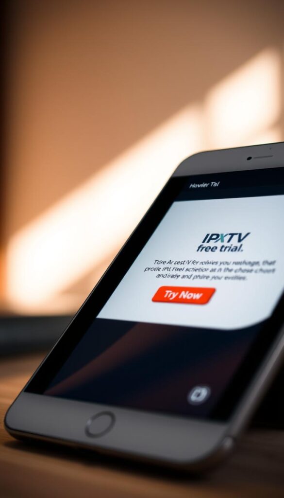 A close-up shot of a digital tablet or smartphone screen displaying the "IPTV trial offer" from the Hoxtoon Provider service. The screen is positioned prominently in the foreground, showcasing the service's logo, a brief description of the free trial, and a prominent "Try Now" call-to-action button. The background is softly blurred, evoking a sense of focus on the central offer. The lighting is warm and natural, creating a welcoming and inviting atmosphere. The camera angle is slightly angled, adding depth and dynamism to the composition.