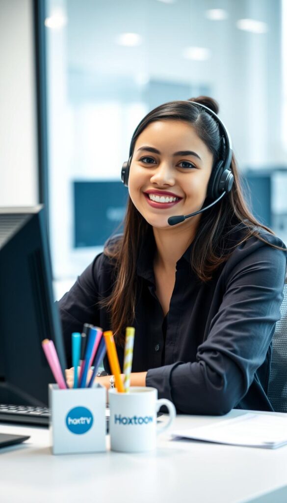 A close-up shot of a friendly Hoxtoon IPTV customer support agent sitting at a desk, wearing a professional headset and smiling warmly. The agent's workspace is organized, with a computer monitor, keyboard, and some stylized Hoxtoon-branded office supplies. The background is softly blurred, suggesting a modern, well-lit office environment. The lighting is balanced, creating a welcoming and approachable atmosphere. The camera angle is slightly elevated, conveying a sense of professionalism and competence.