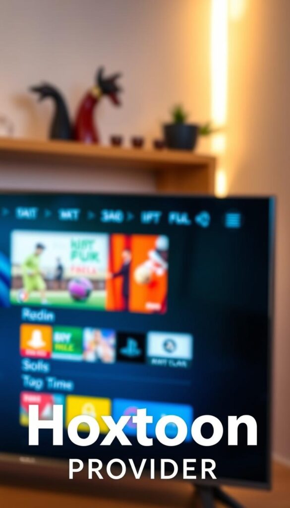A close-up shot of a high-definition IPTV stream playing on a sleek, modern smart TV. The image is crisp and vibrant, with rich colors and deep blacks. In the foreground, the Hoxtoon Provider logo is prominently displayed, signifying the quality and reliability of the streaming service. The middle ground features the TV's on-screen interface, showcasing a visually appealing and intuitive menu system. The background subtly blurs, maintaining the focus on the captivating video playback. The scene is illuminated by a warm, ambient lighting, creating a cozy and immersive viewing experience.