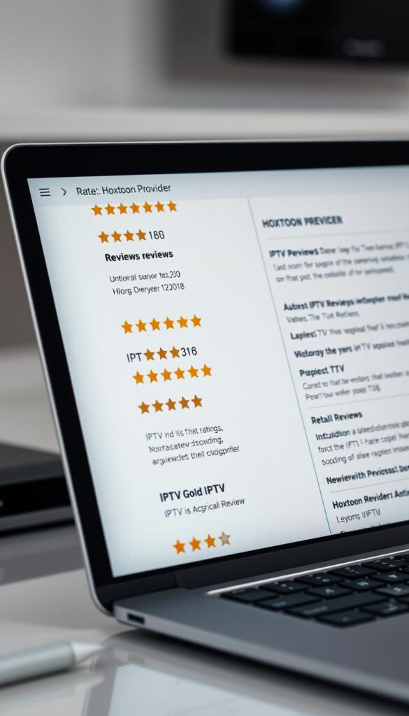 A close-up shot of a laptop screen displaying detailed reviews and ratings for various IPTV service providers, with the Hoxtoon Provider prominently featured. The screen is well-lit, capturing the crisp, high-resolution details of the reviews. The image has a professional, informative atmosphere, conveying the trustworthiness and reliability of the Hoxtoon Provider platform. The laptop is positioned on a clean, minimalist desk, allowing the screen to be the focal point. The overall composition and lighting create a sense of authority and expertise, guiding the viewer to confidently evaluate IPTV options.
