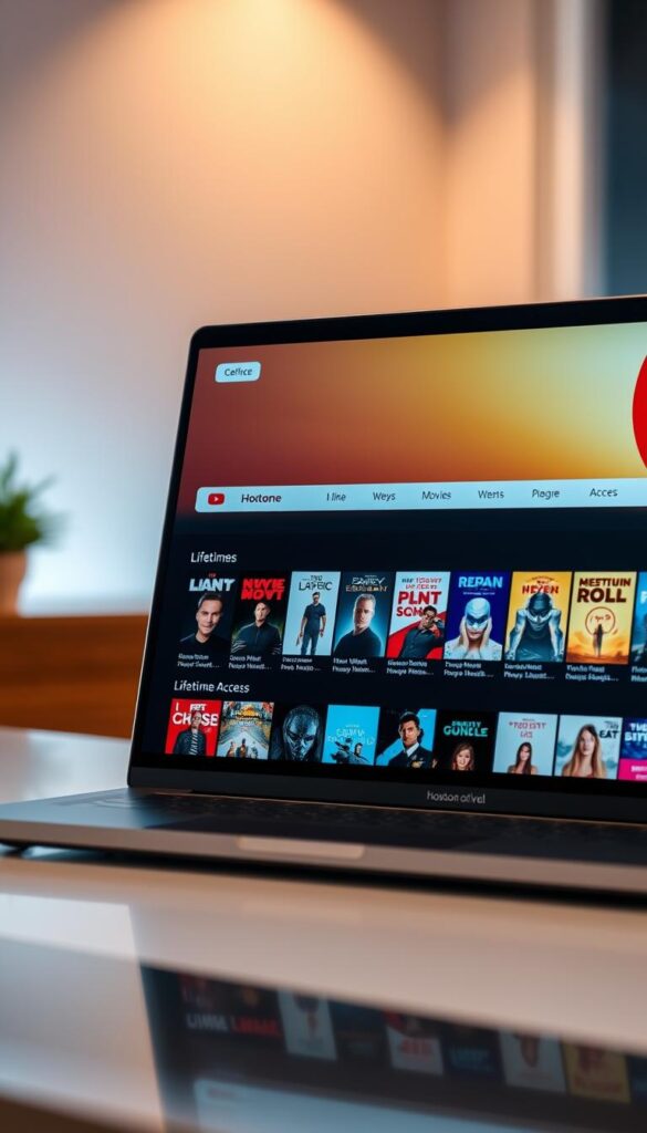 A close-up shot of a laptop screen displaying the Hoxtoon Provider IPTV service interface, showcasing a wide selection of Lifetime movies available for lifetime access. The screen is well-lit, with a warm, inviting tone that conveys the comfort and convenience of streaming high-quality content at home. The laptop is positioned on a sleek, modern desk, adding to the professional and polished atmosphere. The overall scene emphasizes the ease and reliability of the Hoxtoon Provider IPTV solution for accessing a vast library of Lifetime movies.