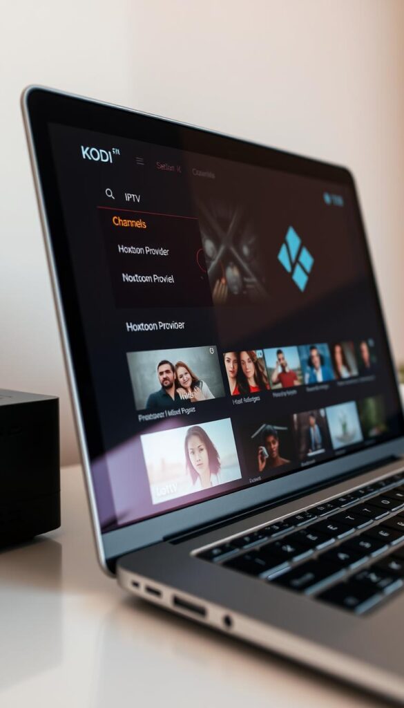 A close-up shot of a laptop screen displaying the Kodi media player interface, with a focus on the "IPTV" menu. The screen shows a list of IPTV channels from the "Hoxtoon Provider", each with a clear and detailed thumbnail, channel name, and channel information. The image has a warm, natural lighting, and the laptop is placed on a clean, minimalist desk, creating a professional and organized atmosphere. The overall composition emphasizes the ease of configuring and accessing IPTV content through Kodi, reflecting the topic of the article section.