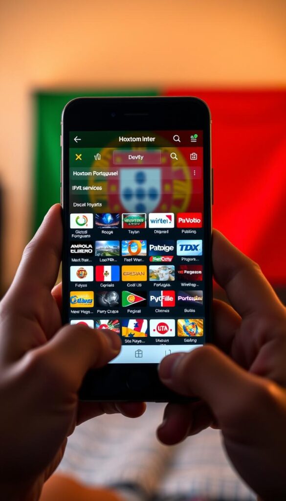 A close-up shot of a person's hands holding a smartphone displaying the Hoxtoon Provider IPTV service interface, showcasing a diverse selection of Portuguese television channels catered to the global Portuguese diaspora. The screen is illuminated by a warm, soft lighting, creating a cozy and inviting atmosphere. In the background, a blurred representation of the Portuguese flag gently fades, symbolizing the cultural connection between the IPTV service and the homeland. The overall composition conveys a sense of accessibility, community, and the ability to stay connected with Portuguese culture, no matter the geographic distance.