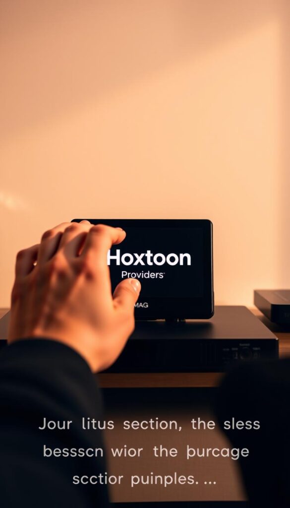 A close-up shot of a person's hands interacting with a MAG-branded set-top box, showcasing the process of purchasing and activating a Hoxtoon IPTV subscription. The scene is set against a clean, minimalist backdrop, with warm, directional lighting casting subtle shadows to highlight the details. The hands are delicately navigating the device's interface, conveying a sense of focus and intentionality. The Hoxtoon Provider logo is prominently displayed on the device's screen, clearly indicating the IPTV service being accessed. The overall atmosphere is one of professionalism and user-friendliness, reflecting the step-by-step guidance provided in the article's section.