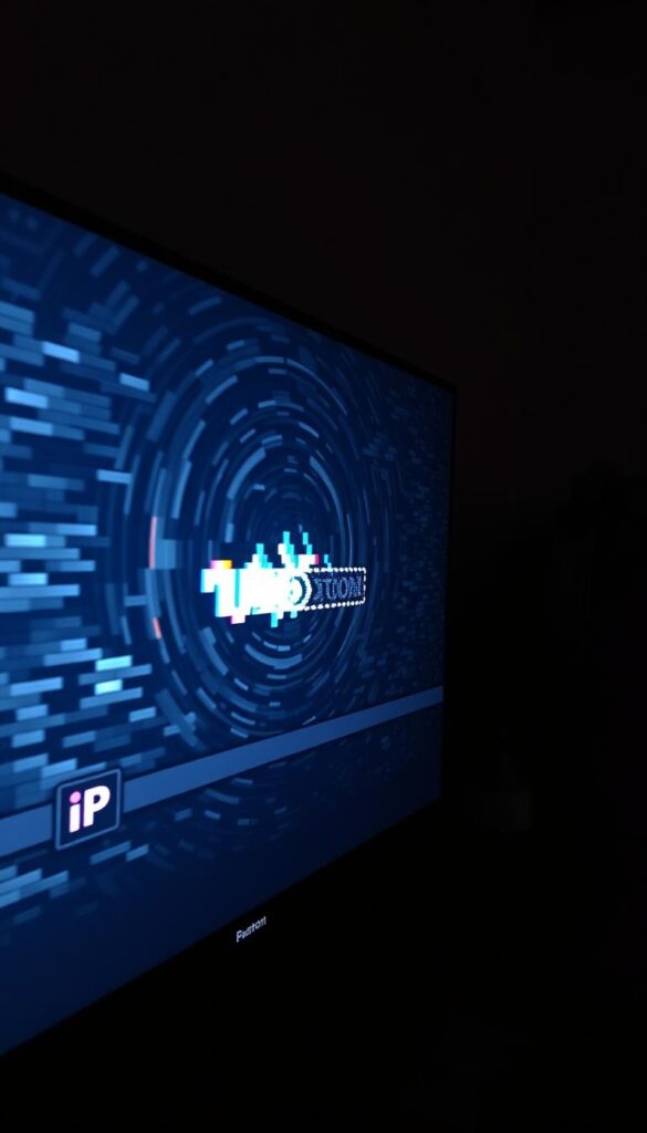 A close-up shot of a pixelated, buffering IPTV video player on a flat-screen TV. The screen is filled with a swirling, spinning buffer icon and glitchy, fragmented video. The room is dimly lit, with a Hoxtoon Provider logo subtly visible in the background, hinting at the source of the streaming issue. The overall atmosphere conveys a sense of frustration and technical difficulties, reflecting the challenges of troubleshooting common IPTV streaming problems.