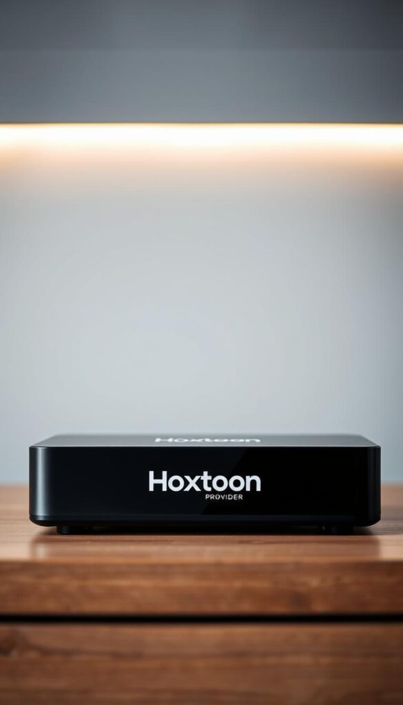 A close-up shot of a sleek, black IPTV box with the Hoxtoon Provider logo prominently displayed on the front panel. The box is placed on a wooden surface, with a neutral gray background that creates a clean, minimalist atmosphere. Soft, diffused lighting from the side gently illuminates the edges of the device, highlighting its sharp lines and glossy finish. The frame is tightly cropped, drawing the viewer's attention to the IPTV box as the central focus. The overall mood conveys a sense of quality, reliability, and the promise of endless free Arabic entertainment.