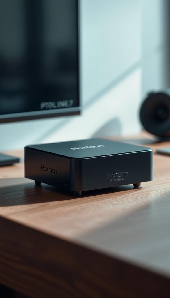A close-up shot of a sleek, compact IPTV box called the Hoxtoon Provider, sitting on a modern, minimalist wooden desk. The box has a matte black finish with clean lines and a subtle Hoxtoon logo on the front. Soft, directional lighting illuminates the device, casting subtle shadows and highlights that accentuate its minimalist design. The background is blurred, creating a sense of depth and focus on the IPTV box. The overall mood is one of simplicity, practicality, and affordable elegance.