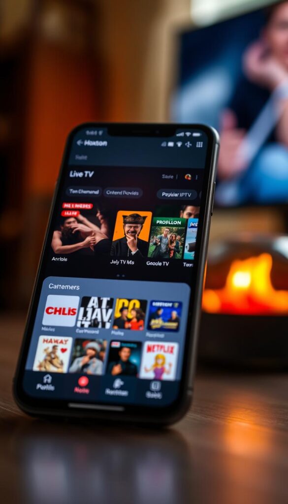 A close-up shot of a smartphone screen displaying the Hoxtoon Provider IPTV app's user interface. The app's sleek and intuitive design showcases a wide range of content options, including live TV channels, on-demand movies, and popular TV shows. The screen is illuminated by warm, natural lighting, creating a cozy and inviting atmosphere. The background is blurred, placing the focus entirely on the device and the IPTV player's capabilities. The image conveys the ease and convenience of setting up and using the Hoxtoon Provider IPTV player across a variety of devices.