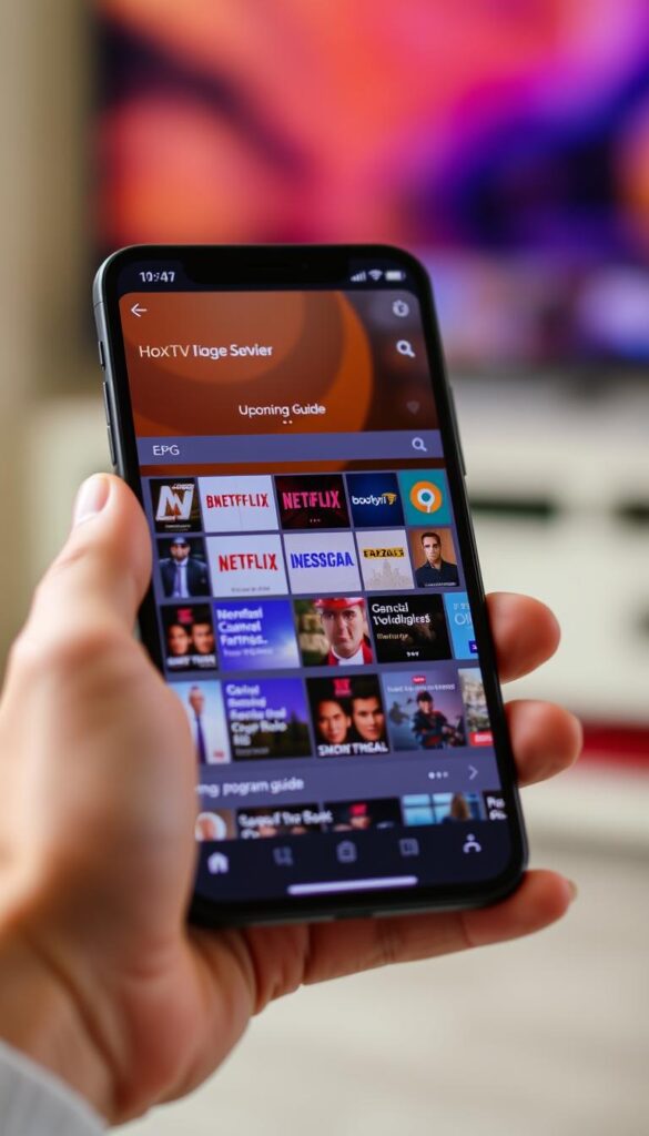 A close-up shot of a smartphone screen displaying the "Hoxtoon Provider" IPTV service's electronic program guide (EPG). The screen shows a clean, visually appealing interface with a grid-like layout of upcoming TV shows and movies, complete with channel logos, program titles, and detailed descriptions. The lighting is soft and diffused, creating a warm, inviting atmosphere. The device is held in a person's hand, subtly suggesting the ease and convenience of accessing a comprehensive IPTV solution with EPG functionality.