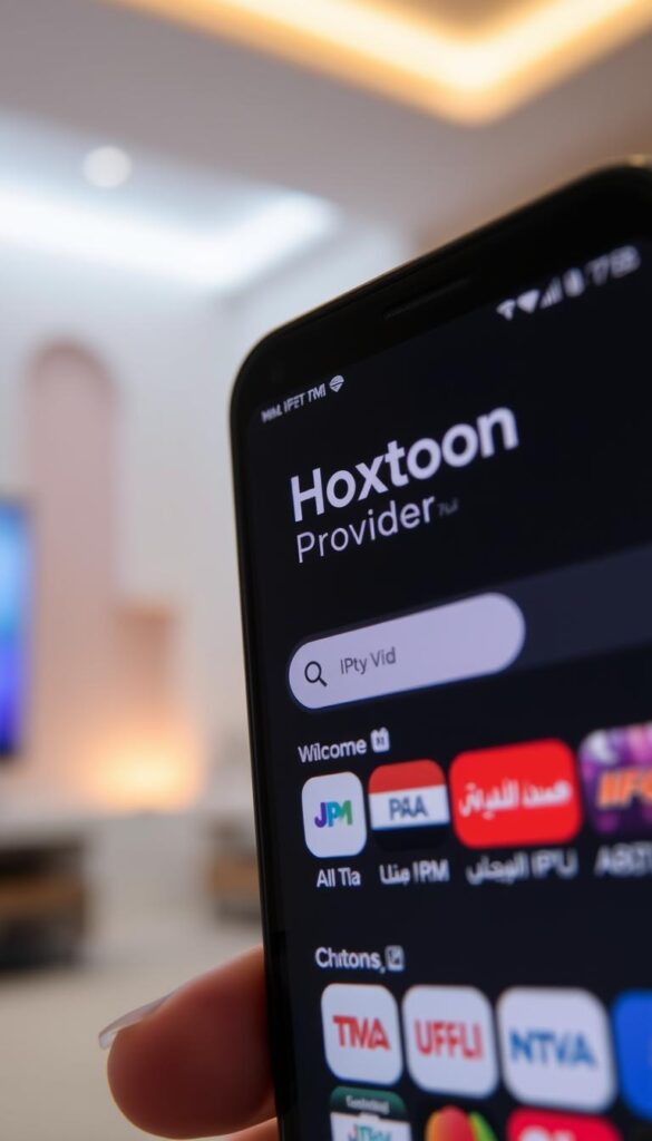 A close-up shot of a smartphone screen displaying the Hoxtoon Provider logo, surrounded by various IPTV service options and Arabic channel icons. The screen is illuminated by a warm, soft lighting, creating a welcoming and inviting atmosphere. The background is blurred, with subtle hints of Middle Eastern architectural elements or a minimalist office setting, placing the focus on the device and the IPTV service choices. The image conveys the ease and accessibility of buying IPTV Arabic channels through the Hoxtoon Provider platform.