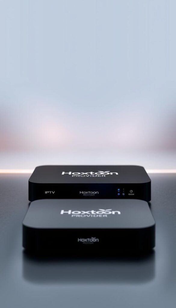 A close-up shot of a stylish IPTV box with the "Hoxtoon Provider" logo prominently displayed on the front panel. The box is set against a sleek, minimalist background with subtle gradients and elegant lighting, creating a premium and trustworthy visual aesthetic. The scene conveys a sense of quality, reliability, and a lifetime subscription offering, aligning with the subject of the article's section.