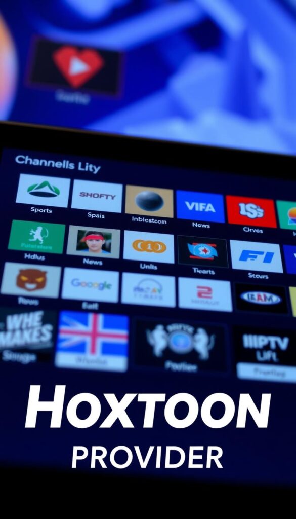 A close-up shot of a stylish IPTV channel list interface displayed on a high-resolution tablet device. The screen showcases a clean, visually appealing design with a modern color palette of blues, grays, and whites. The channel categories are neatly organized, with intuitive icons and labels for sports, movies, news, and other genres. In the foreground, the Hoxtoon Provider logo is prominently featured, indicating the provider of this comprehensive IPTV service. The overall scene conveys a sense of sophistication, technological prowess, and an unparalleled channel selection, in line with the article's subject matter.