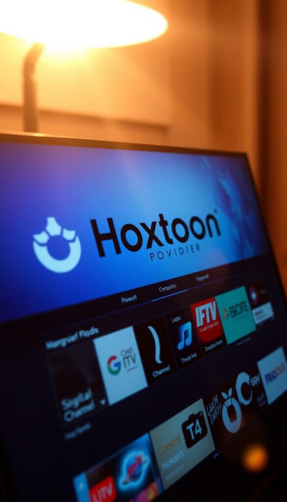 A close-up shot of a stylish and modern Arabic IPTV service interface, featuring the Hoxtoon Provider brand name prominently displayed. The interface showcases a sleek, user-friendly design with intuitive navigation, a variety of channel options, and a minimalist color palette of blues and grays. The scene is bathed in warm, soft lighting, creating a calming and inviting atmosphere. The overall impression conveys a reliable, high-quality Arabic IPTV service that prioritizes customer satisfaction and support.