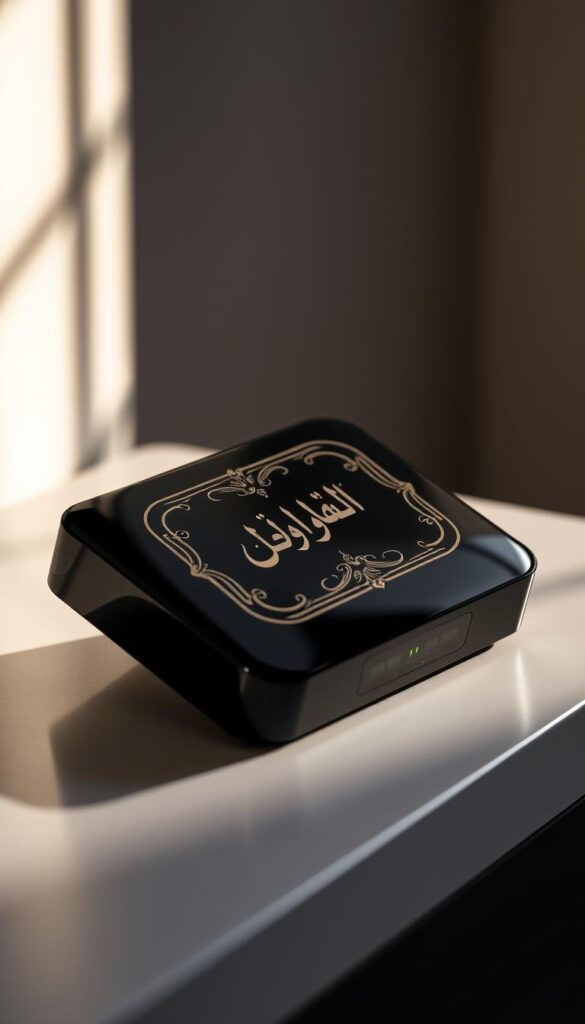 A close-up shot of a stylish and modern Arabic IPTV streaming device from the Hoxtoon Provider, resting on a sleek, minimalist surface. The device features a glossy black casing with elegant Arabic calligraphy detailing, conveying a sense of luxury and sophistication. Soft, directional lighting from the side creates subtle shadows, emphasizing the device's clean lines and premium construction. The background is blurred, allowing the IPTV device to be the focal point, highlighting its importance as a tool for accessing a lifetime of Arabic entertainment content.