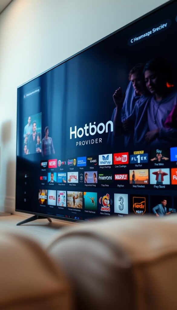 A close-up shot of a stylish and modern smart TV display, showcasing the extensive IPTV channel selection of the Hoxtoon Provider app. The screen is crisp and vibrant, with a sleek, dark UI design that highlights the wide range of live channels and on-demand content available. The Hoxtoon Provider logo is prominently displayed, adding a sense of branding and professionalism. The lighting is soft and warm, creating a comfortable and inviting atmosphere. The camera angle is slightly elevated, giving a sense of depth and emphasizing the large, high-quality display. The overall impression is one of a premium, feature-rich IPTV service that caters to the needs of discerning Samsung TV users.