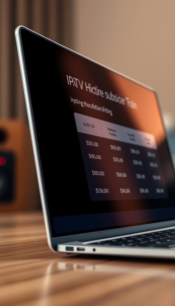 A close-up shot of a stylish laptop display showcasing the Hoxtoon Provider IPTV m3u lifetime pricing options. The screen has a sleek, modern design with a minimalist layout, highlighting the various subscription plans and their corresponding costs. The background is softly blurred, creating a sense of depth and focus on the pricing information. The lighting is warm and natural, casting a subtle glow on the display. The overall composition conveys a sense of professionalism and attention to detail, reflecting the reliable and trustworthy nature of the Hoxtoon Provider service.