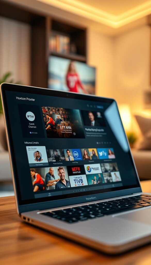 A close-up shot of a stylish laptop displaying the "Hoxtoon Provider" IPTV service's sleek and intuitive user interface. The screen showcases a clean layout with intuitive navigation, a diverse channel lineup, and high-definition video playback. The laptop is set against a blurred background of a cozy home environment, exuding a sense of comfort and convenience. Soft, warm lighting illuminates the scene, creating a welcoming atmosphere. The overall impression conveys the seamless and enjoyable IPTV experience Hoxtoon Provider offers to its customers.