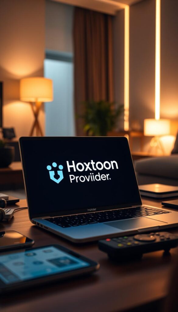 A close-up shot of a stylish laptop displaying the "Hoxtoon Provider" logo on its screen, surrounded by various electronic devices and accessories such as a smartphone, tablet, and remote control. The scene is illuminated by warm, diffused lighting, creating a cozy and inviting atmosphere. The background is blurred, with hints of a modern, minimalist office or home setting, conveying a sense of professionalism and comfort. The overall impression is one of a reliable and user-friendly IPTV service, tailored to the needs of the discerning viewer.