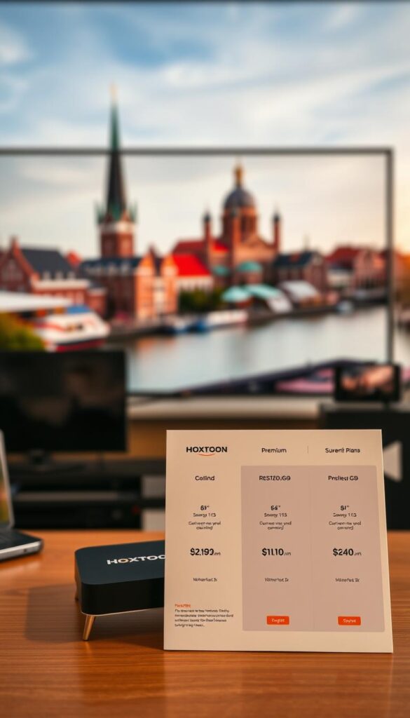 A close-up shot of a stylish, modern IPTV subscription package from the Hoxtoon Provider. The foreground displays the sleek Hoxtoon logo and a bold, minimalist pricing table showcasing their premium plans. In the middle ground, various streaming devices like smart TVs, set-top boxes, and mobile devices are arranged, highlighting the compatibility and versatility of the Hoxtoon IPTV service. The background features a blurred cityscape of the Netherlands, conveying a sense of urban sophistication and the local appeal of this leading IPTV offering. The lighting is warm and inviting, creating an atmosphere of premium quality and reliable entertainment.