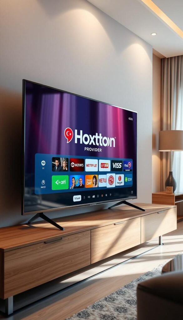 A close-up shot of a stylish, modern television displaying the Hoxtoon Provider logo, showcasing a vibrant selection of Turkish TV channels. The screen is surrounded by a sleek, minimalist entertainment unit in warm wood tones, creating a cozy and inviting atmosphere. Soft, directional lighting illuminates the scene, casting subtle shadows and highlighting the high-quality display. In the background, a hint of a contemporary living space can be seen, with neutral-toned walls and accents, conveying a sense of comfort and sophistication. The overall composition emphasizes the growing popularity and accessibility of Turkish television content worldwide.