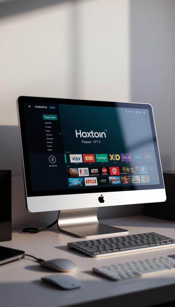 A close-up shot of a stylish, silver Mac desktop computer with a large, high-resolution display. On the screen, a sleek and intuitive IPTV player interface is visible, featuring the Hoxtoon Provider brand logo prominently displayed. The player's user interface showcases a clean, minimalist design with easy-to-navigate menus and a wide selection of live TV channels and on-demand content. The scene is illuminated by soft, directional lighting, casting subtle shadows and highlights that accentuate the device's elegant, modern aesthetic. The overall mood is one of sophistication and technological prowess, perfectly capturing the customizable IPTV experience for Mac users.