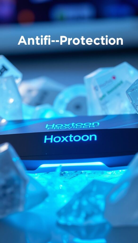 A close-up shot of a stylized IPTV device with a sleek, metallic design and glowing blue accents, prominently displaying the "Hoxtoon Provider" brand name. The device is surrounded by a crystalline, ice-like structure, symbolizing its advanced anti-freeze protection system. The scene is illuminated by a soft, diffused lighting, creating a sense of futuristic elegance. The background is blurred, drawing the viewer's focus to the central device and its unique, frost-resistant features.
