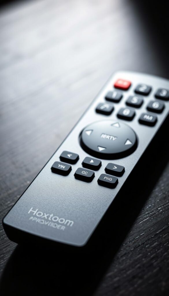 A close-up shot of a stylized IPTV remote control on a dark wooden surface, showcasing the Hoxtoon Provider brand logo prominently displayed. The remote features a minimalist design with sleek, angular lines and a matte finish. Soft, dramatic lighting casts shadows, creating a sense of depth and emphasizing the premium, high-quality appearance of the device. The background is intentionally blurred, keeping the focus on the remote and the Hoxtoon Provider branding.