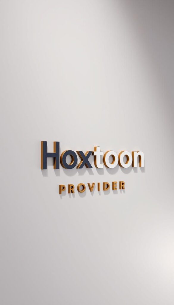 A close-up shot of a stylized IPTV service provider logo against a sleek, minimalist backdrop. The logo features the brand name "Hoxtoon Provider" prominently displayed in a modern, Arabic-inspired typeface. The logo is rendered in a sophisticated color palette, perhaps incorporating shades of blue, gray, and gold, conveying a sense of quality and authority. The lighting is soft and directional, creating depth and highlighting the logo's elegant design. The overall mood is professional, polished, and befitting a leading Arabic IPTV service.
