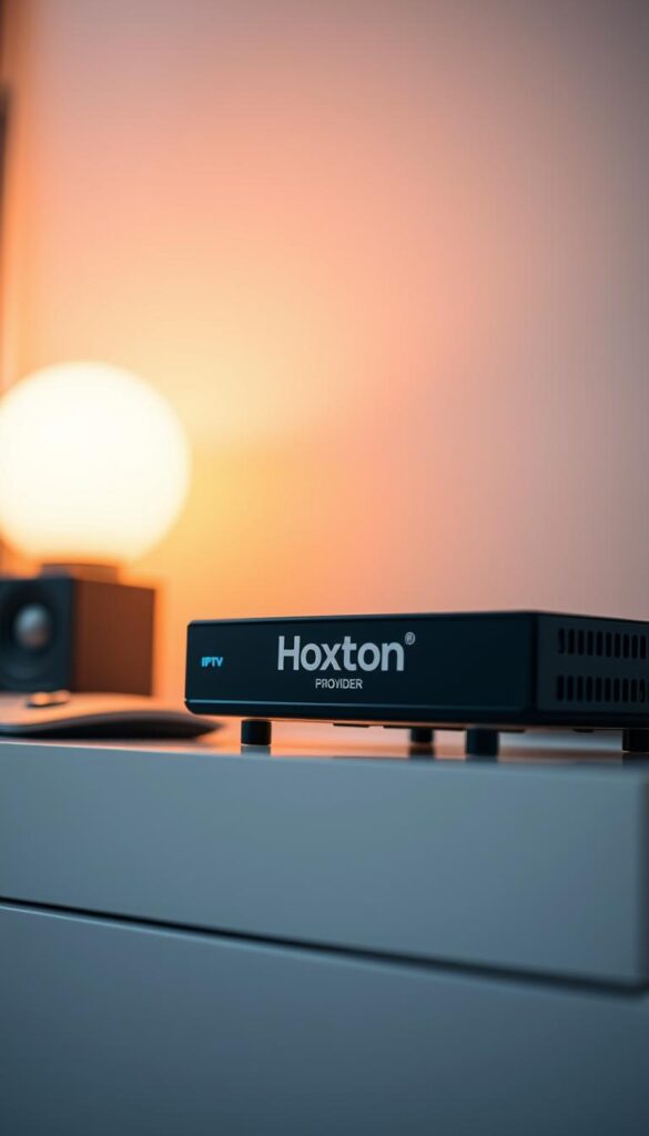 A close-up shot of a stylized IPTV streaming device on a sleek, minimalist desk. The device features the distinct "Hoxtoon Provider" branding, showcasing its premium, high-quality design. The scene is illuminated by soft, directional lighting that creates a warm, inviting atmosphere. The background is blurred, placing the emphasis on the IPTV device and creating a sense of focus and professionalism. The overall composition conveys a sense of reliability, technological sophistication, and the premium nature of the "Hoxtoon Provider" IPTV service.