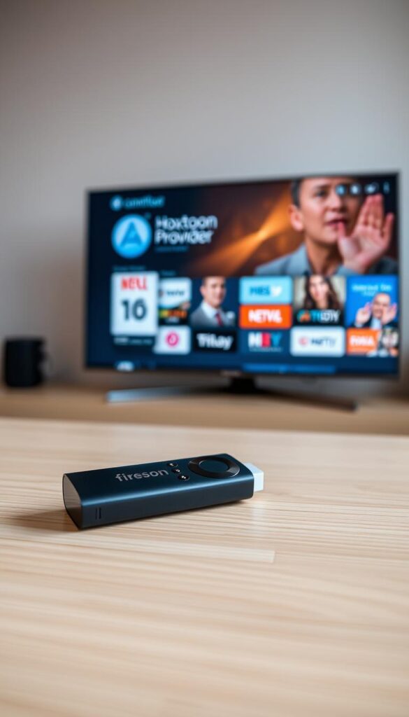 A close-up shot of an Amazon Firestick device with the IPTV Smarters Pro app interface displayed on the screen. The Firestick is placed on a clean, minimalist wooden surface, with subtle lighting creating a warm, inviting atmosphere. The app's sleek, intuitive design is showcased, highlighting its user-friendly features and the Hoxtoon Provider branding. The overall composition emphasizes the Firestick's compact form factor and the IPTV Smarters Pro app's seamless integration, conveying a sense of effortless entertainment on the big screen.