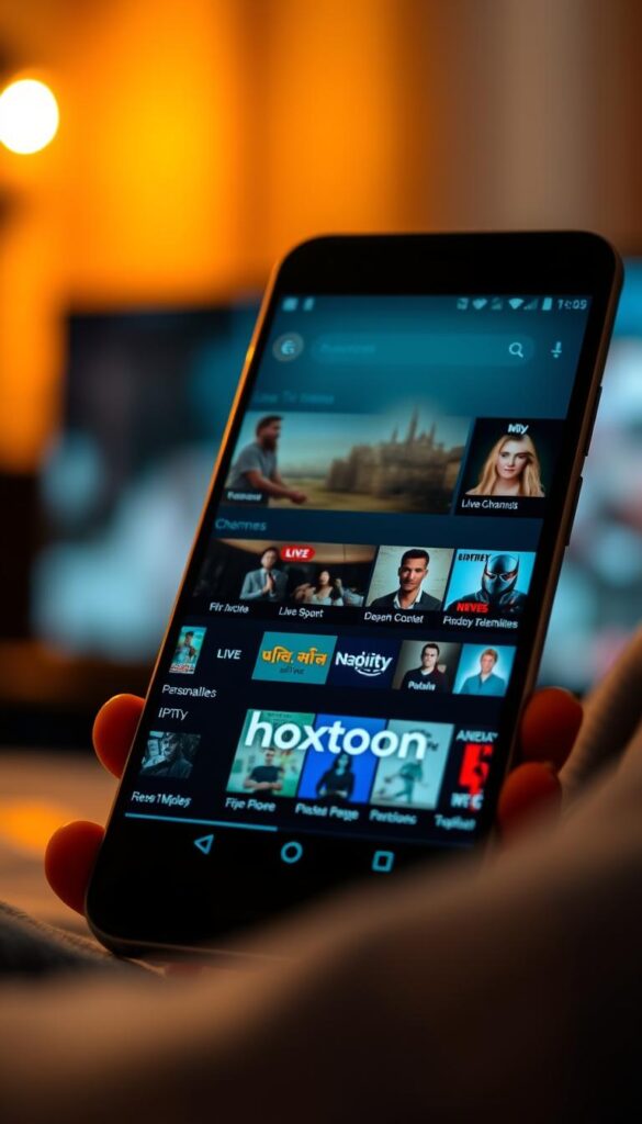 A close-up shot of an Android smartphone screen displaying the "Hoxtoon Provider" IPTV service's sleek and intuitive user interface. The display showcases a wide array of live TV channels, on-demand content, and personalized recommendations, all illuminated by warm, soft lighting that creates a cozy, inviting atmosphere. The background is blurred, gently drawing the viewer's attention to the central device and the Hoxtoon brand name prominently featured. The overall composition conveys the ease and accessibility of Hoxtoon's lifetime IPTV offering for Android users.